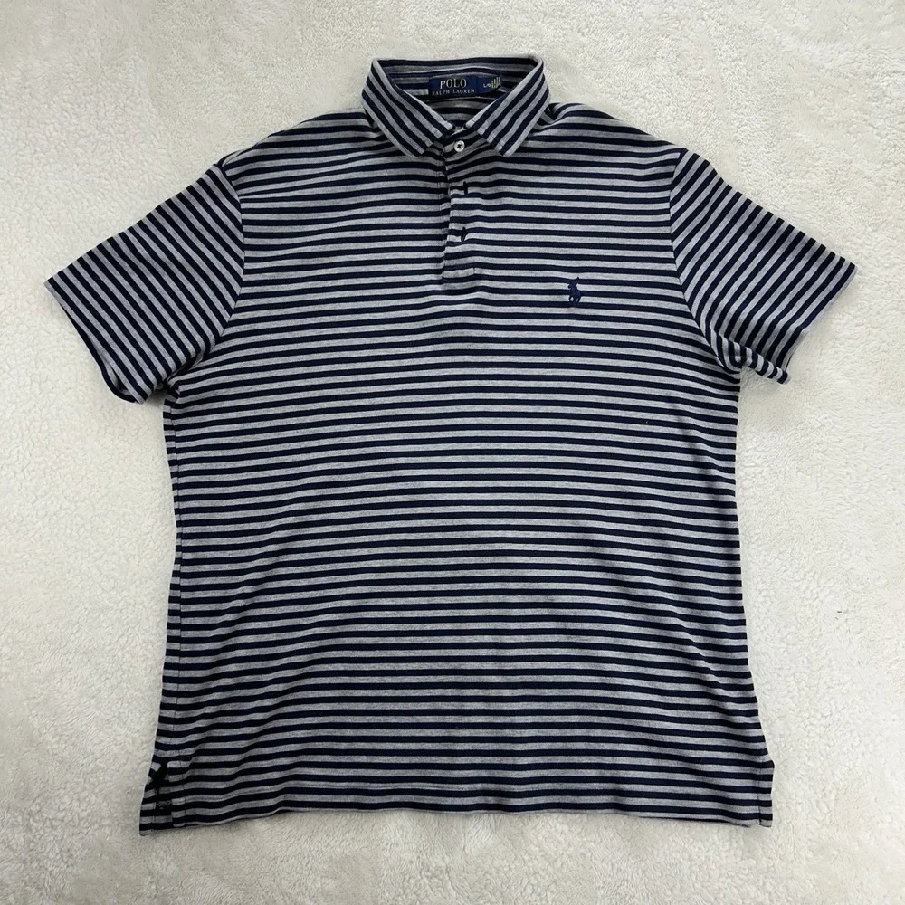 Polo Ralph Lauren Polo Shirt Men's L Gray/Blue Striped Stretchy Soft Check Meas.